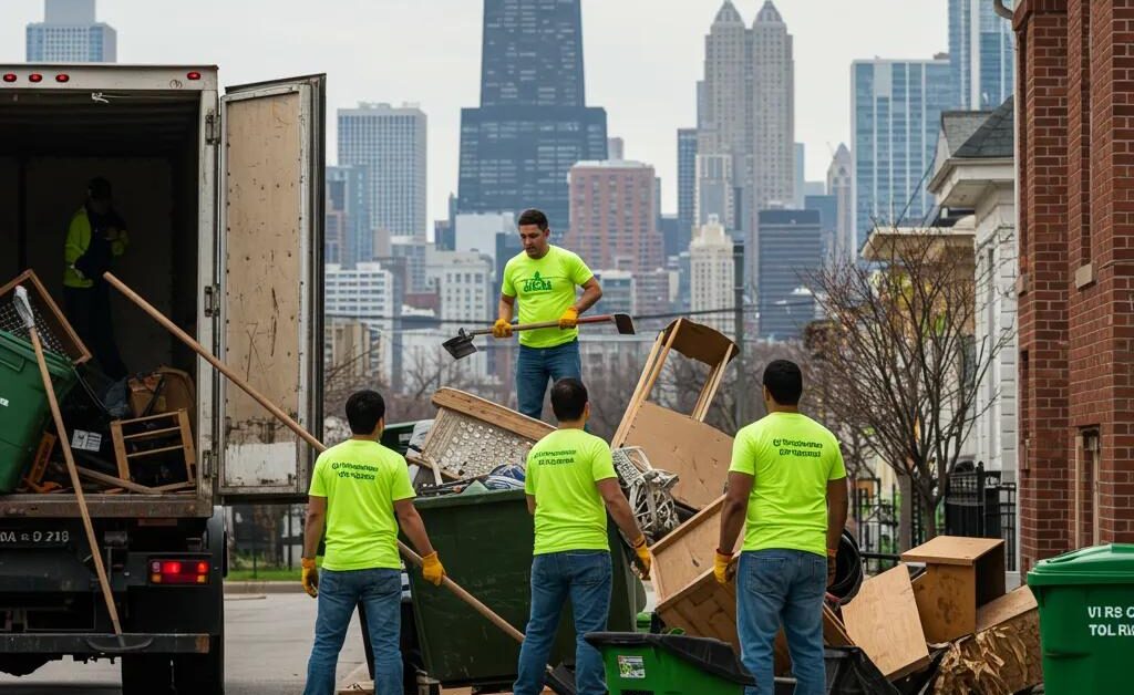 Team clearing old furniture and debris from a home as part of junk removal near me.