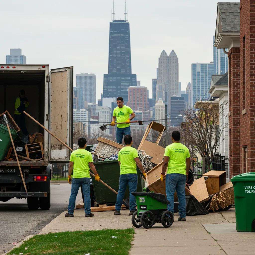 Professional junk removal team in Chicago clearing clutter from a home, emphasizing eco-friendly practices