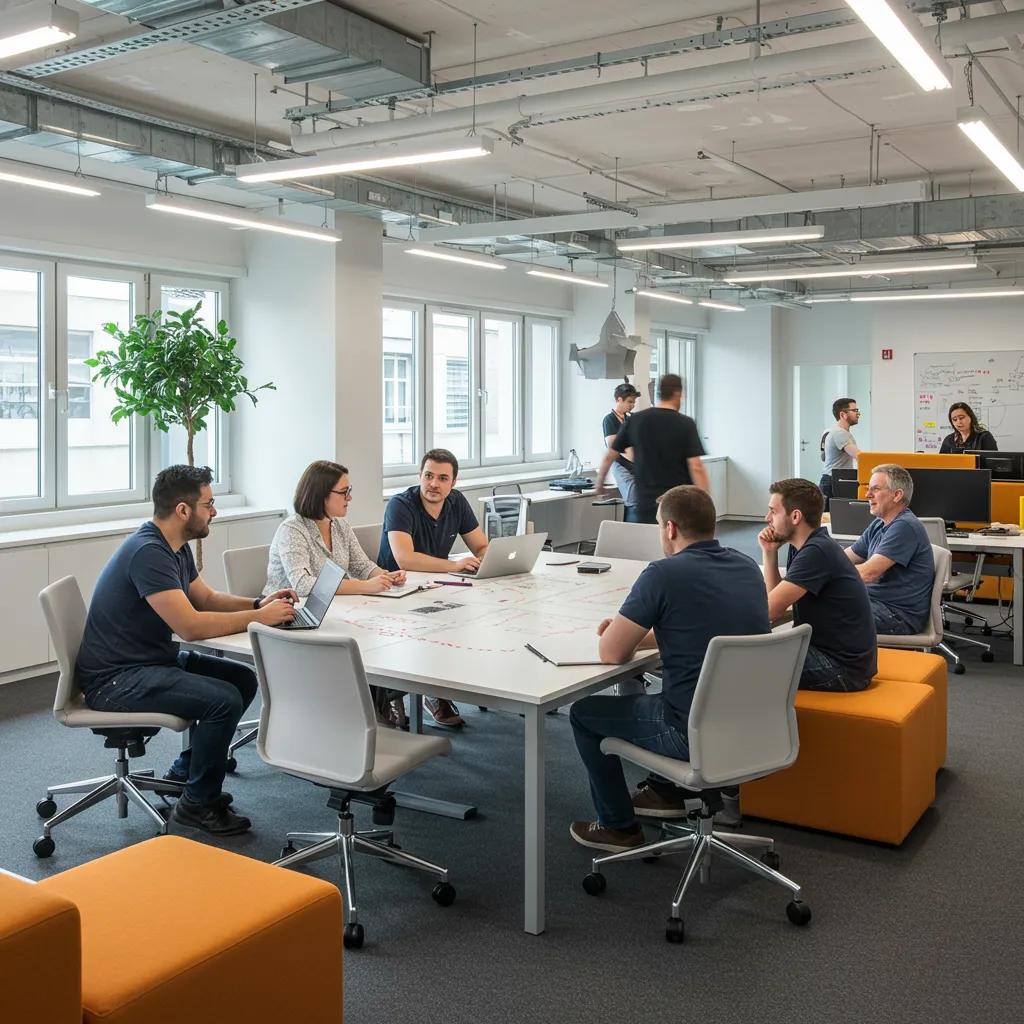 Collaborative workspace with employees brainstorming around a large table in a decluttered office