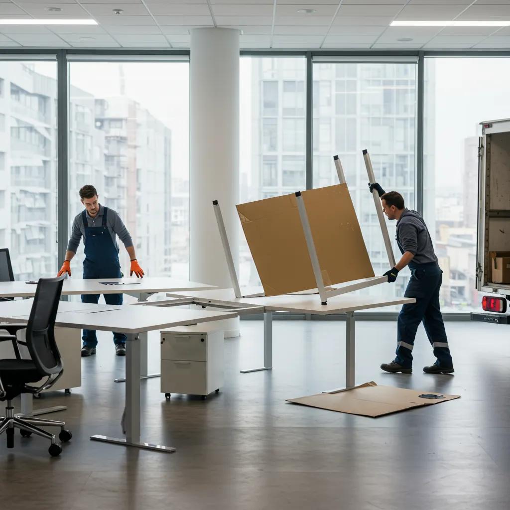 Office furniture removal in progress with professional movers disassembling a desk in a bright office space