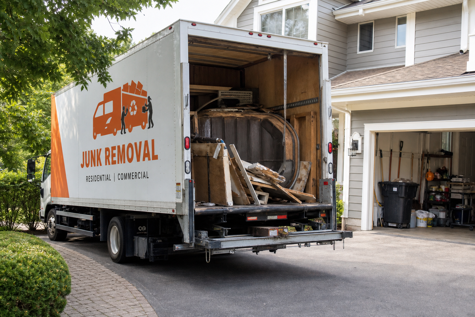 Orange Crew junk removal truck hauling hot tub debris in northwest Chicago suburbs