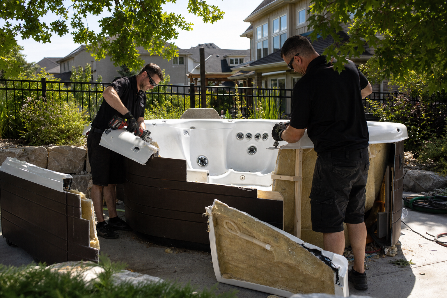 Hot tub dismantling and removal process in suburban Chicago backyard
