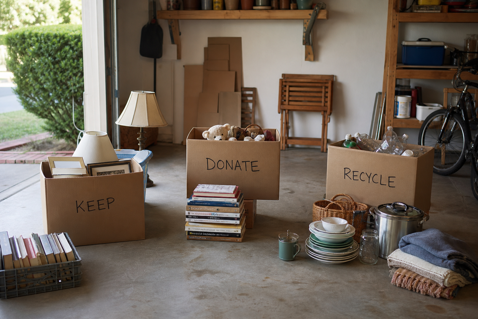 Household items sorted into keep, donate and recycle boxes during a downsizing cleanout in Chicago