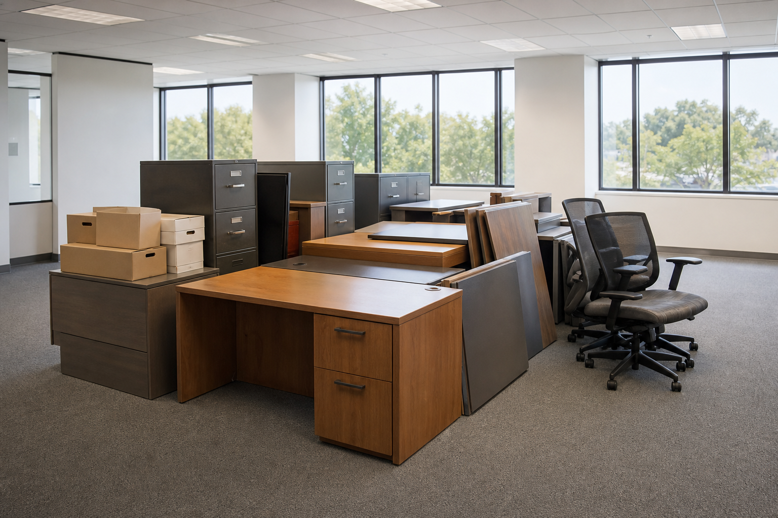 Office junk removal in Chicago with old desks, chairs and filing cabinets ready for a cleanout