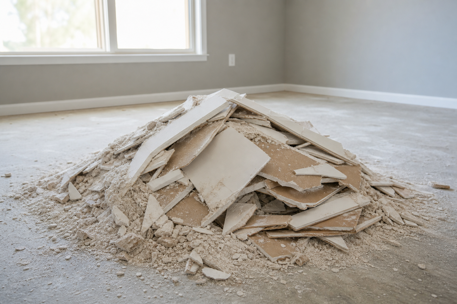 Pile of drywall offcuts and gypsum dust after renovation