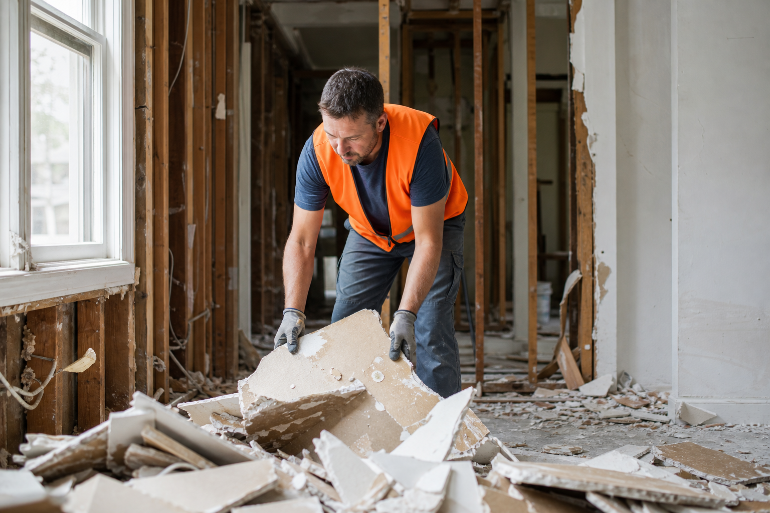 Worker clearing broken drywall debris from a gutted room in Chicago