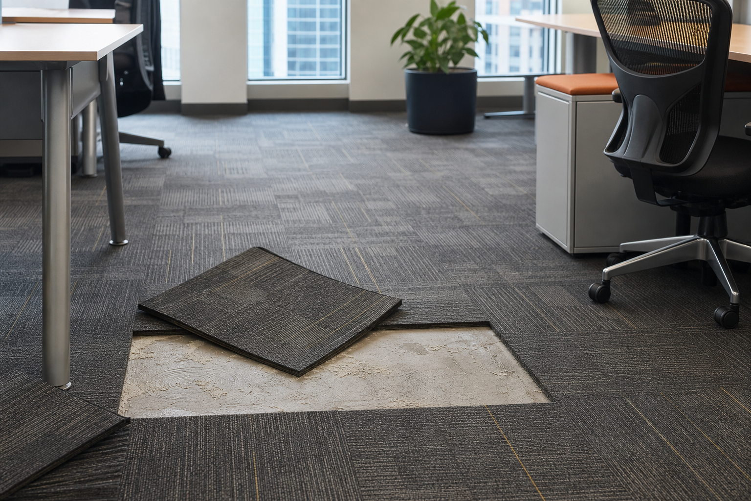 Modular office carpet tiles being lifted from the floor