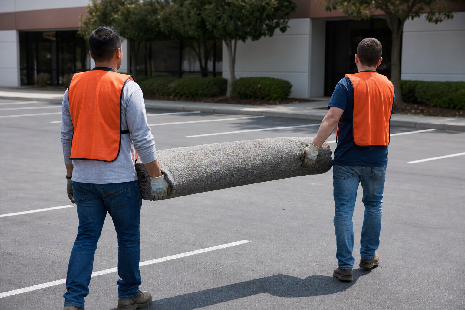 Orange Crew crew rolling and carrying old office carpet out of a building