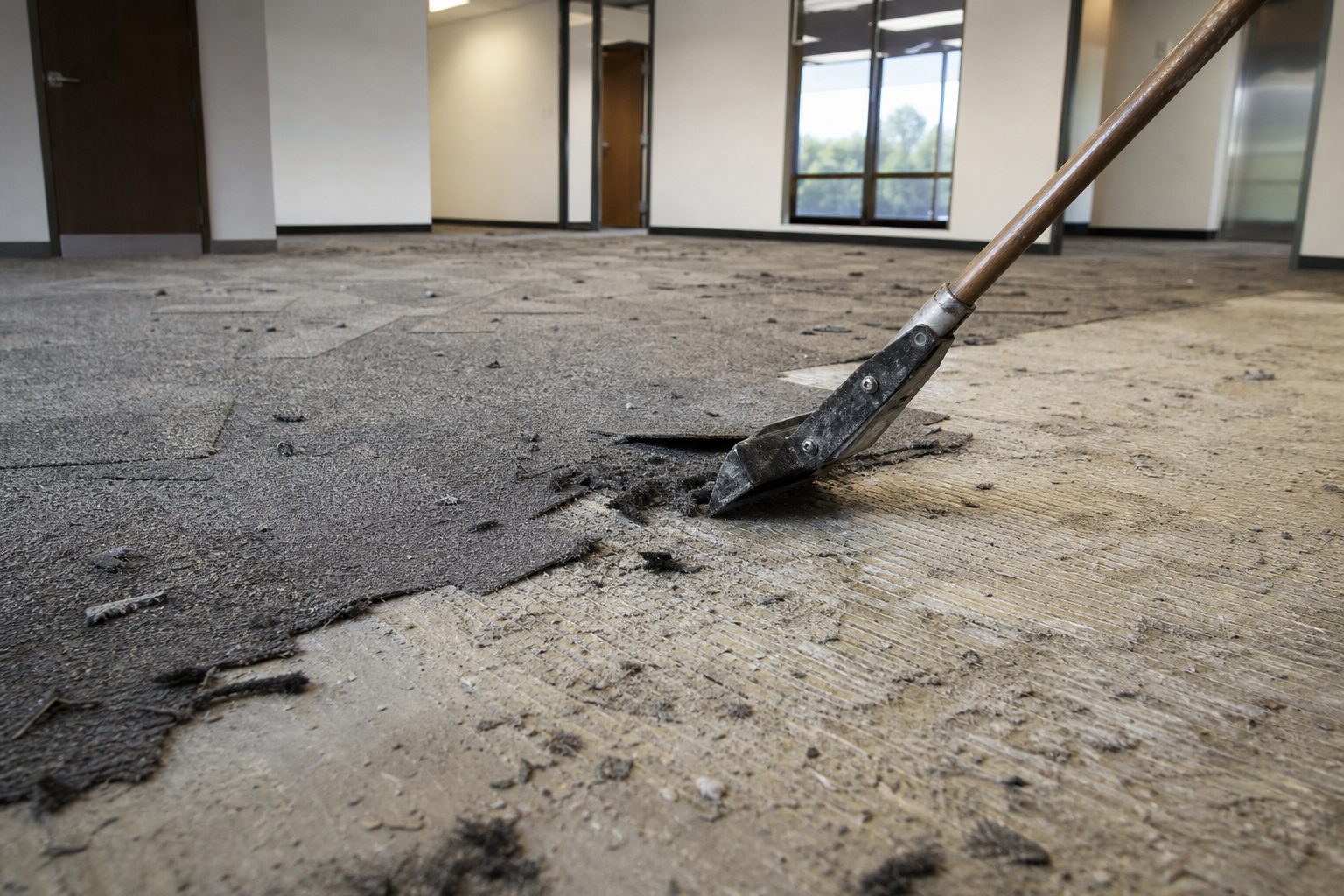 Glued-down commercial carpet scraped off a concrete floor