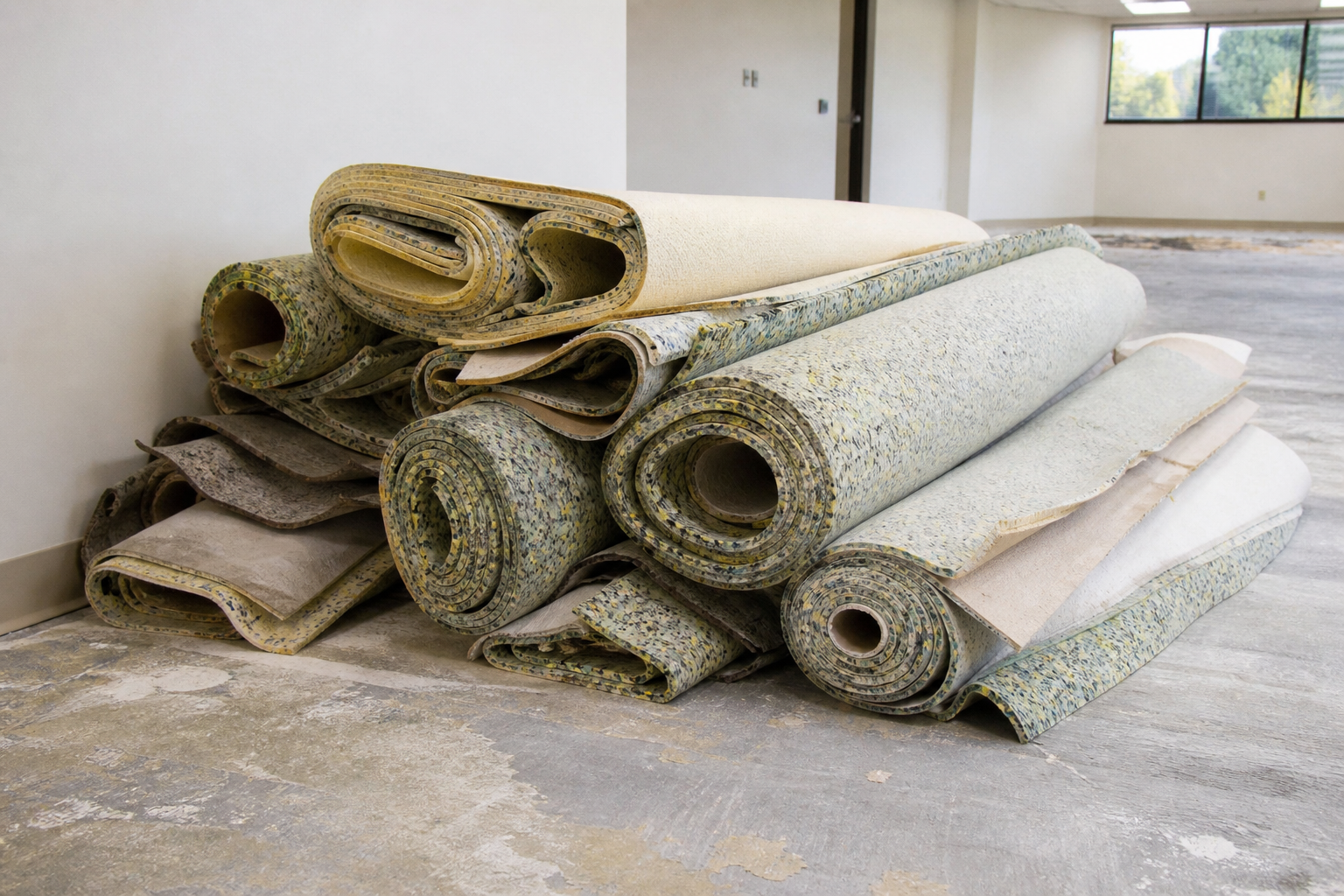 Rolled carpet padding and underlay stacked for disposal