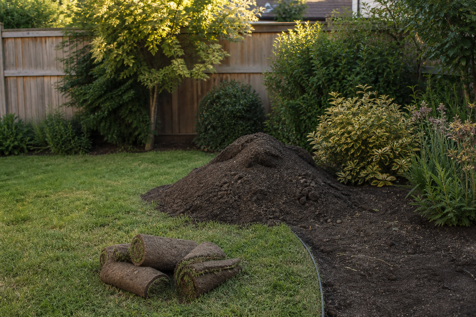 Residential backyard with a mound of soil and rolled sod ready for removal
